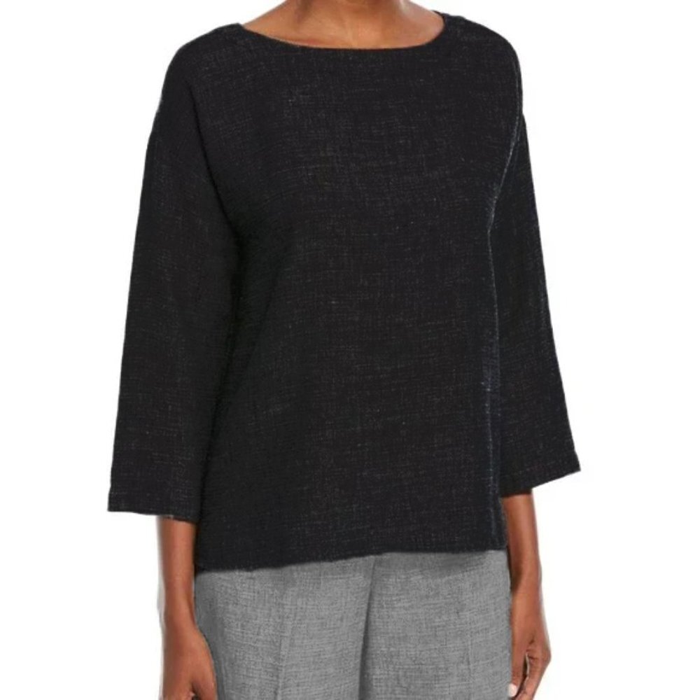TSD Indigo/Black Hemp Boxy Round Neck Classic Minimalist Hippie 3/4 sleeve Top